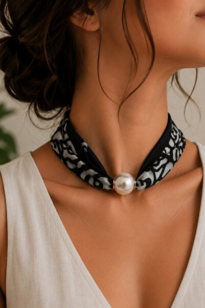 Modex Black and White Rose Pattern Pearl Detail Front Closure Scarf Necklace ...
