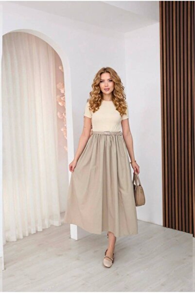sunfyre Women's Crew Neck Short Sleeve Belt Detailed Flared Maxi Dress Sun344