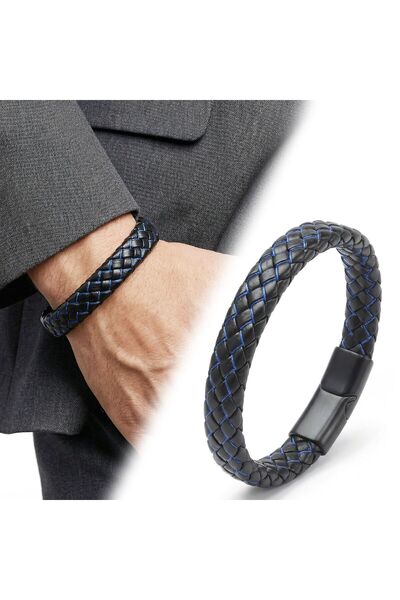 OGHAMAY Blue Black Leather Mesh Steel Bracelet 18393B4D3