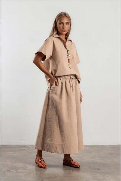 ZYRAH Beige Color Women's Shirt and Elastic Waist Midi Skirt Set