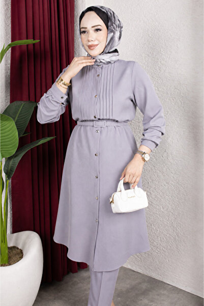 Rabia Zülal New Season Ribbed Detailed Belted Hijab Suit Hijab Top and Bottom...