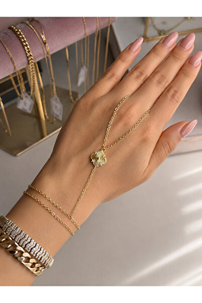 QueenJewelrry 14K Altın Kaplama Zirkon Taşlı Yonca Şahmeran Kadın Bileklik