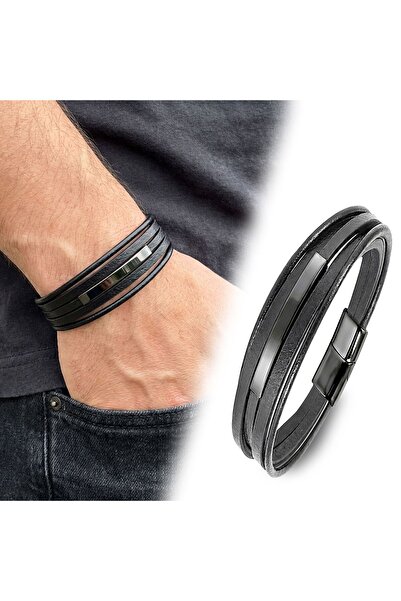 OGHAMAY Name Engravable Black Titanium Plate Multiple Black Leather Men's Bra...