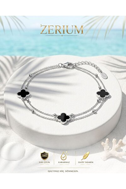 ZERİUM Premıum Kadın Çelik Halhal Silver Renk İki Sıralı Siyah Yonca Figürlü
