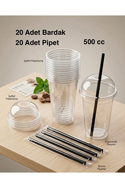 e Erta 20 Adet 500 Cc Sert Plastik Pet Kapaklı Limonata Milkshake Bardağı , Sunum Bardağı , Soğuk İçecek Bardağı