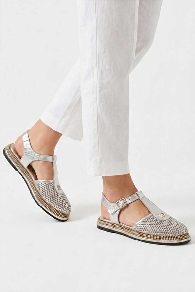 PAPUJ Women's Silver Back Buckle Genuine Leather Sandals Slippers