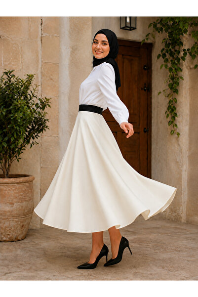 ELMODA Women's Full Circle Tight Woven Ribbed Ecru Mevlana Skirt