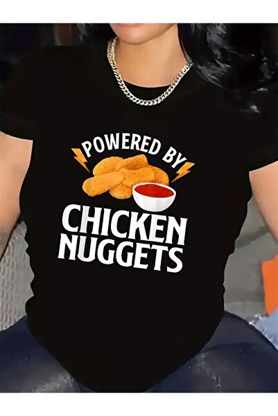 1001 Line T-Shirt with "Powered by Chicken Nugget" Graphic, Crew Neck, Lightw...