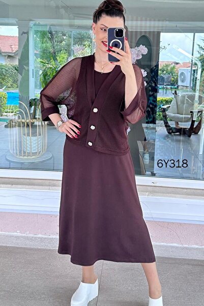 İnce Topuk Mesh Cardigan Modal Fabric Dress Set 6Y318