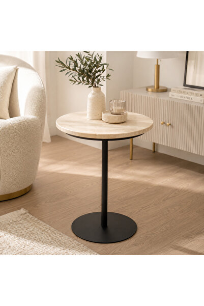 zekmar home stone Doğal Traverten Yuvarlak Yan Sehpa – Siyah Metal Ayak | Mod...