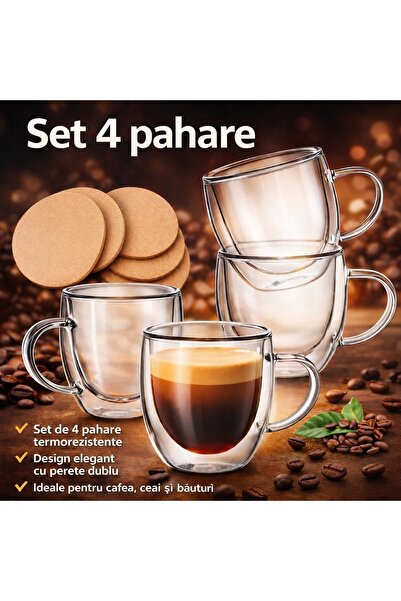 Solvero Set 4 pahare cu maner, perete dublu, sticla borosilicata, 250 ml