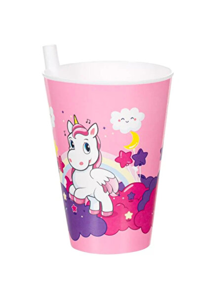 SOHO Cana cu pai fix, din plastic, 400 ml, cu personaj unicorn, roz