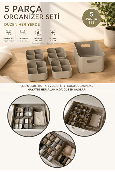 Store HGY Home 5 Parça Çok Amaçlı Bölmeli Düzenleyici Organizer Seti - Vizon