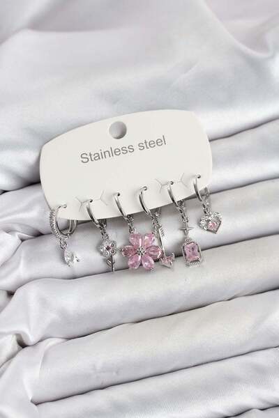 Inure Jewelry 316L Steel Silver Color Pink Zircon Stone Lotus Detailed Women'...