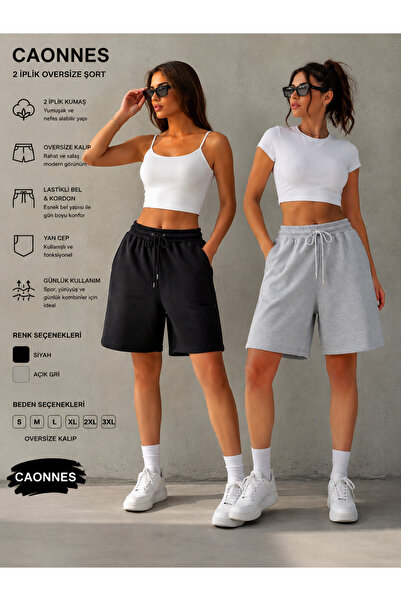 CAONNES 2'li Şort Kadın (Siyah-Gri) Basic Oversize Yazlık Şort Seti - Diz Üst...