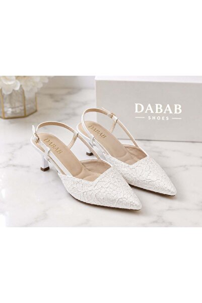 dabab shoes Julie Women's White Lace Textured Pointed Toe 5 cm Heeled Slingba...