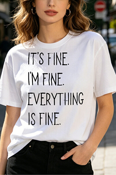 Fleck تي شيرت نسائي بطباعة جرافيك كاجوال بتصميم فضفاض، بعبارات 'Its Fine Im F...