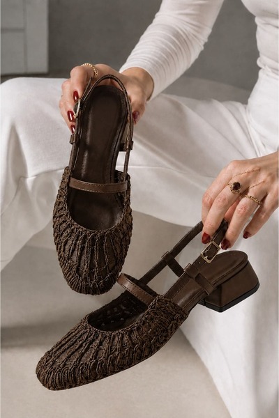 Ayakkabı Consept Women's Straw Weave Detailed Open-Back Heeled Sandals with B...