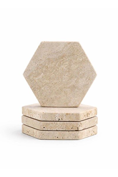 1Chase Set of 4 Natural Travertine Stone Hexagon Coasters, 10x10cm