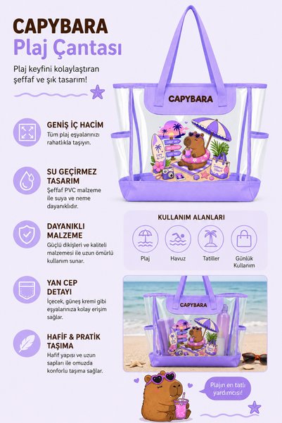 capybara Licensed Figured Beach Bag – Transparent Surface, Large Volume, the Sweetest Companion of Summer