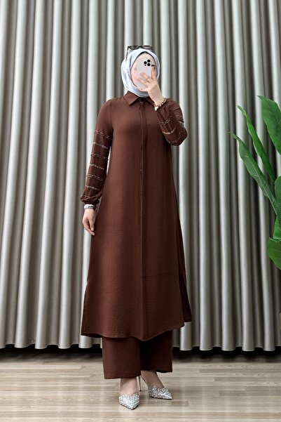 mercan moda FERİHA TAKIM Ayrobin Kumaş Kadın Koyu Kahverengi Boydan Açılabili...