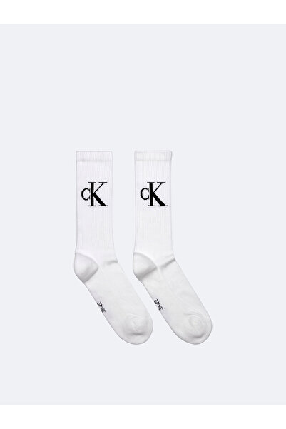 Calvin Klein Men's Soft Cotton Long Ck Logo Detailed Double Pack White Socks