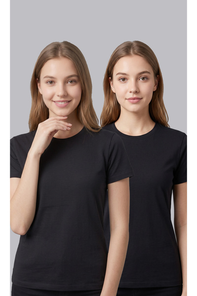 nacar çarşı Women's 2-Piece Black Crew Neck Short Sleeve Basic T-Shirt (2 Pie...