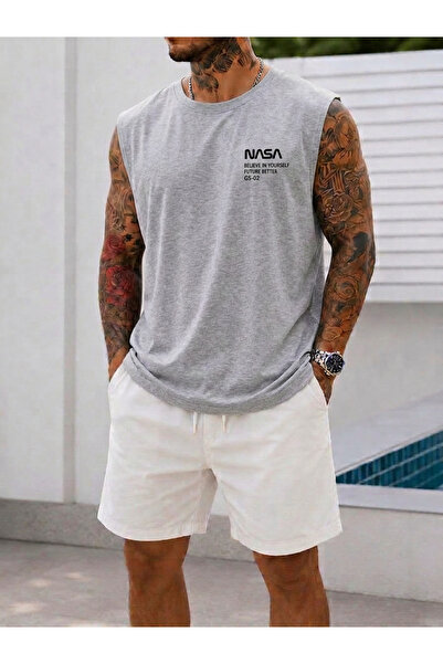 caddekombin Men's Nasa Printed Zero Sleeve Round Neck White Sports T-Shirt / ...