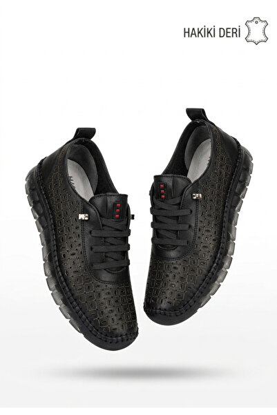 Zerenyus Otja Black Genuine Leather Laser Laced Orthopedic Sports Shoes