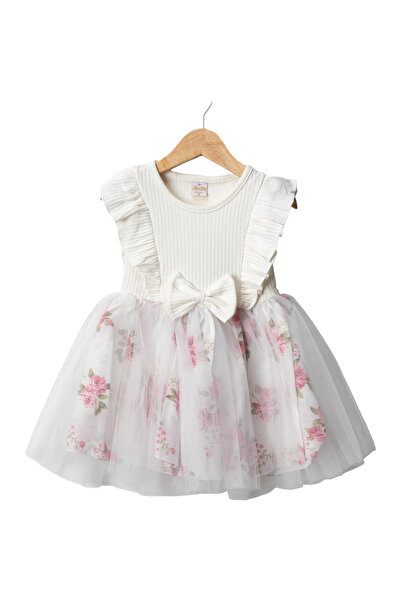 LENDASHOP Girl's Floral Patterned Tulle Skirt Dress with Cotton Fabric for Ag...