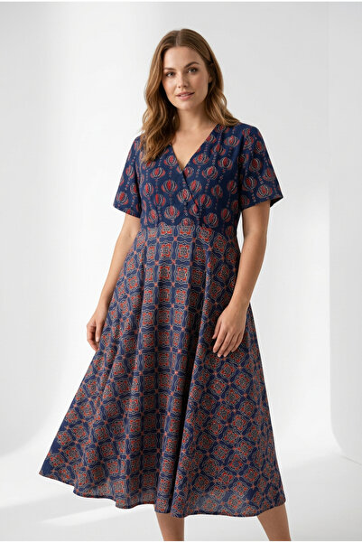 OEM Rochie midi din bumbac imprimat manual Indigo