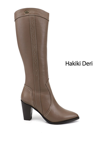 GÖNDERİ(R) Women's Mink Antique Pointed Toe Thick Heeled Genuine Leather Boots