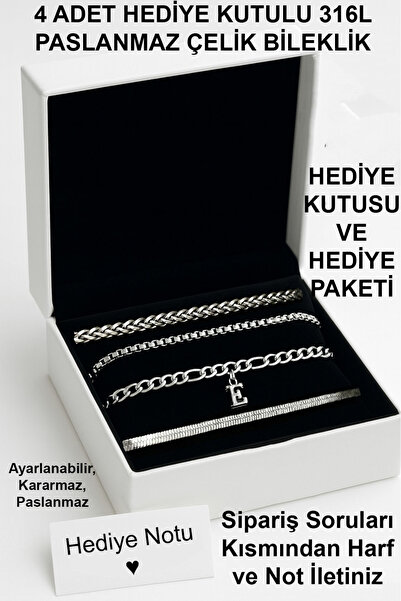renery 4 ADET Harfli 316L Paslanmaz, Kararmaz, Unisex, Çelik Bileklik Seti, S...