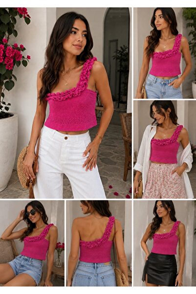 MİRİLİA El Örgüsü Tek omuz Fırfırlı Crop Top Yazlık Plaj Bluz
