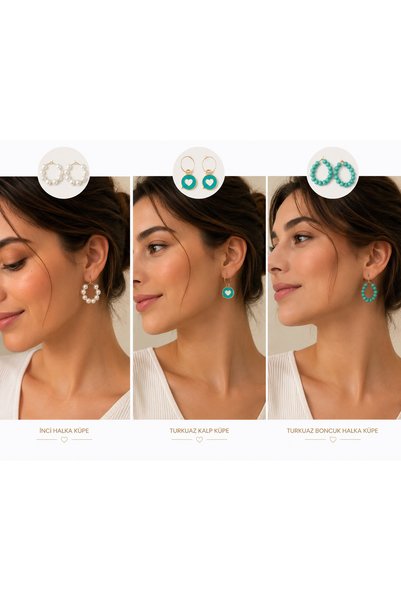 Yağmur Women's Heart-Shaped Pearl Earring Set, 3-Piece Set, Turquoise and White Colors, Birthday, Valentine's Day, Mother's Day, Christmas, New Year, Gift Jewelry, Accessory, Summer Vacation, Beach, Honeymoon, Combination