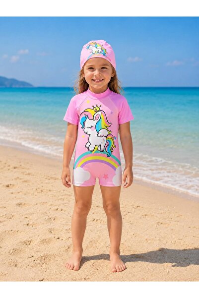 Fil Kids Κοριτσίστικο σετ μαγιό σε ροζ χρώμα με κοντό μανίκι, μονόκερο και σχ...