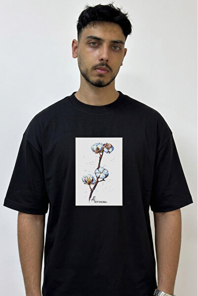 Anetos Cotton Branch Design Printed Oversize Black T-Shirt
