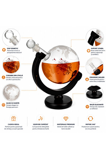 Malatec Set decantor cu 2 pahare whiskey glob pamantesc, suport lemn, 9 cubur...