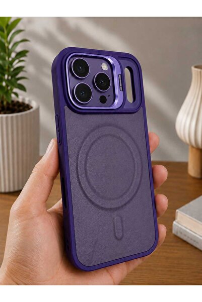 Case I PHONE 17 PRO MAX Mor Deri Standlı Kılıf