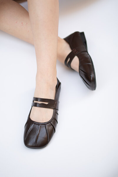 EREN SHOES BAG Dale Real Leather Pleated Top Strap Women's Casual Ballerina S...