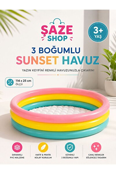SAZE 3 Boğumlu Sunset Şişme Çocuk Havuzu 114x25 Cm Yumuşak Tabanlı Renkli Bah...