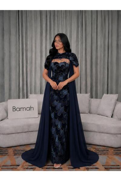 Bamah Luxurious Evening Dress in Navy Blue (Cap) for Neck and Shoulder Areas
