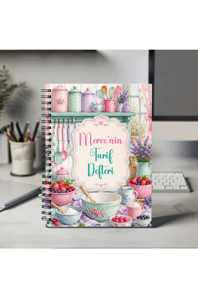 Mervenin Hayal Evi Kişiye özel pembe mint Tarif Defteri - PVC Yırtılmaz kapak