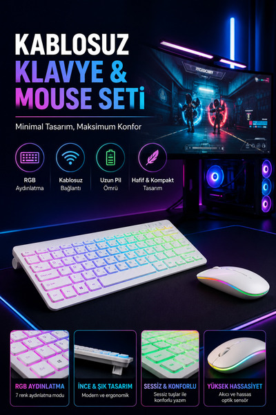 ÖZDELMARKT Siyah Kablosuz Mini RGB Işıklı Klavye Bluetooth 5.2 İnce Tasarım