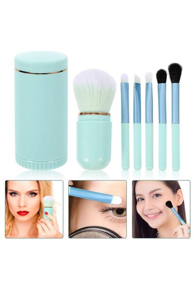 Generica 5 in 1 Portable Makeup Brush Set Blue Travel Cosmetic Brushes for Fo...