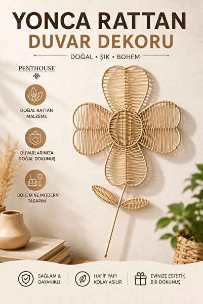 Penthouse El Yapımı Yonca Rattan Duvar Dekoru 70x39 cm Bohem Hasır Duvar Süsü...