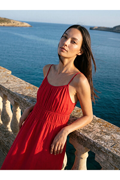LC Waikiki Peak New Season U-Neck Drawstring Dress with Rope Straps