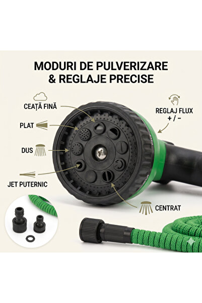 Fabrilux Pistol de pulverizare pentru grădină, set superior și inferior, cu 8 moduri de pulverizare, furtun extensibil, presiune reglabilă și conectori universali, verde