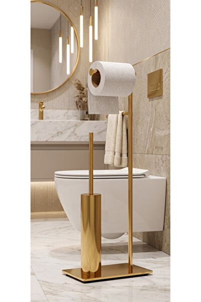 EMFA AKSESUAR Gold Toilet Brush Gold Toilet Paper Holder Set with Brass Stand