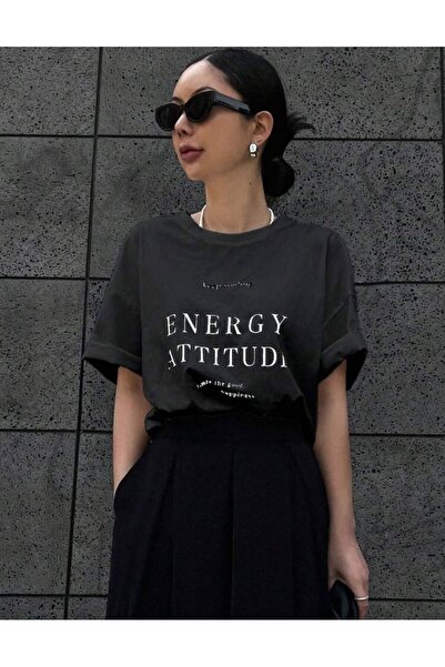 LELVANİ Women's Energy Attitude Keep Smiling Printed Crewneck T-Shirt
